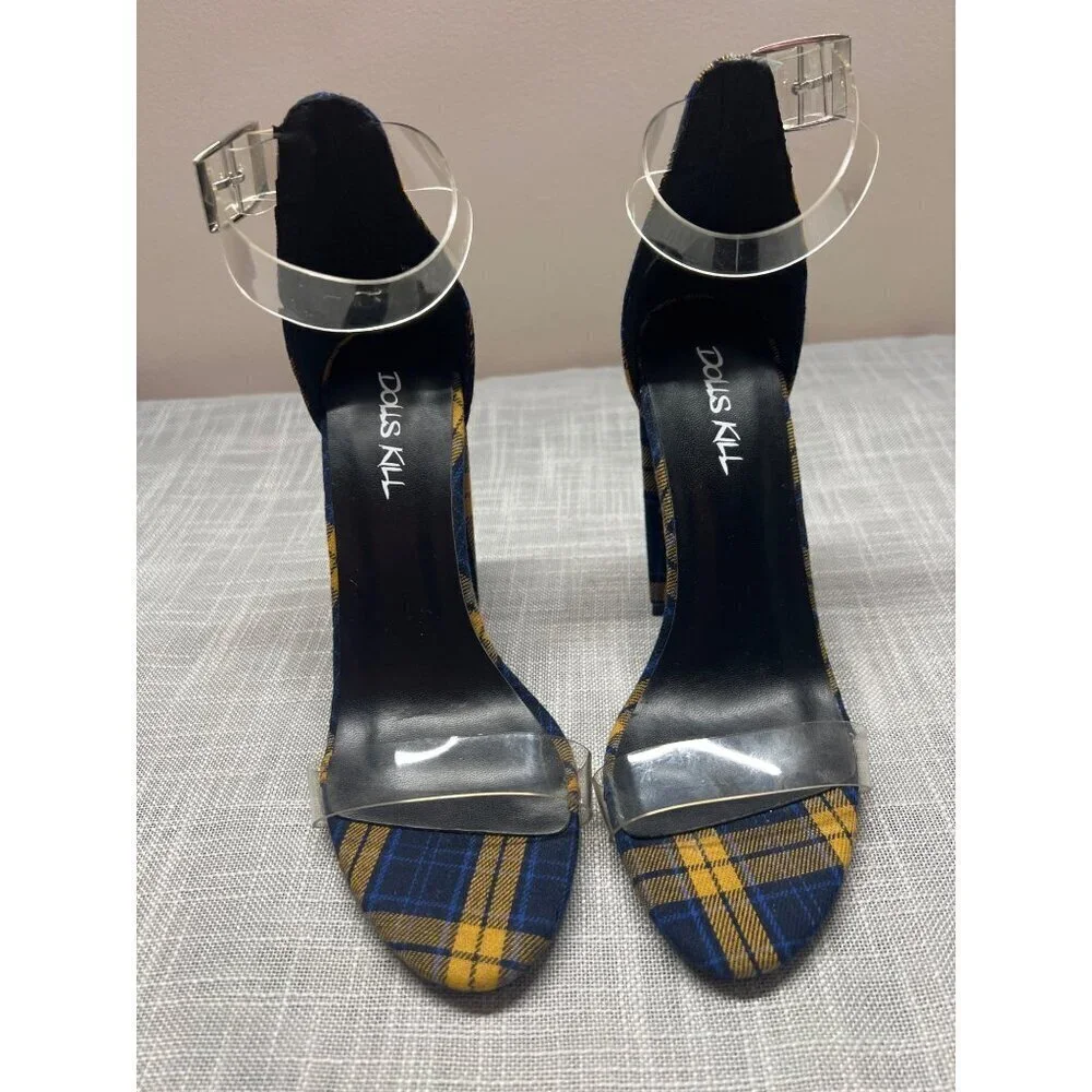 Dolls Kill Womens Plaid Block Heels Size 7 Blue Yellow Clear Straps